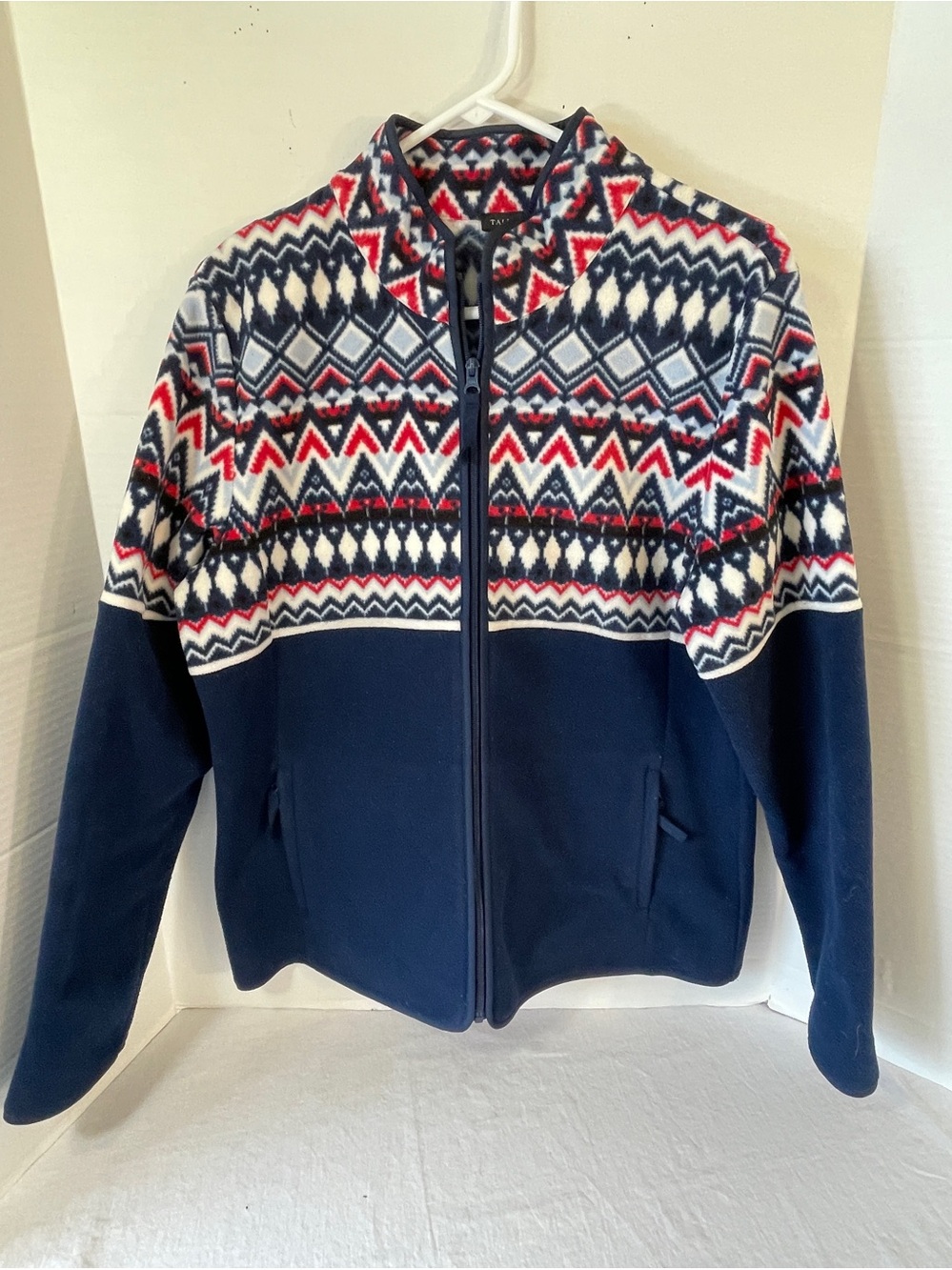 Talbots Women's Size L Fair Isle Fleece Jacket Navy Blue Full Zip P2P=21 L=27